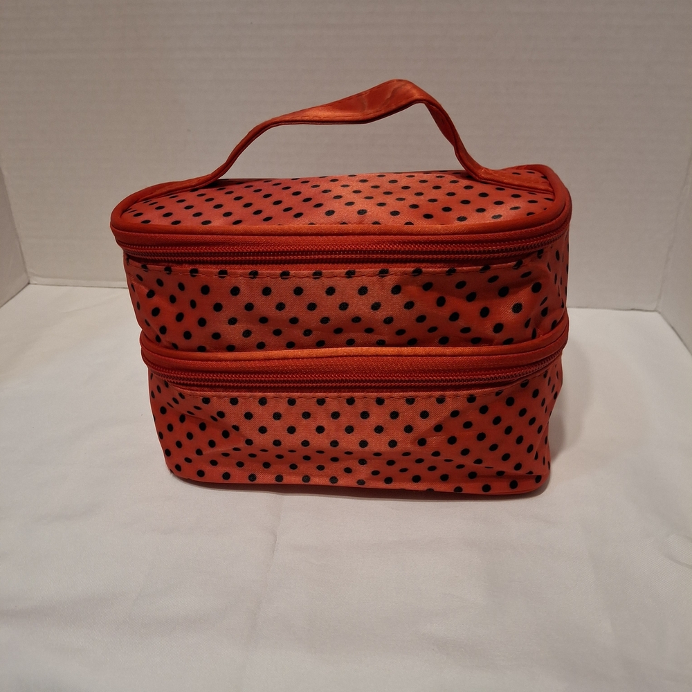 Red Polka Dot Double-Zip Cosmetic Makeup Travel Train Case Nwot